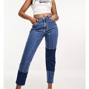Hollister Patchwork Raw Hem High Rise Straight Leg Cropped Mom Jeans Size 26